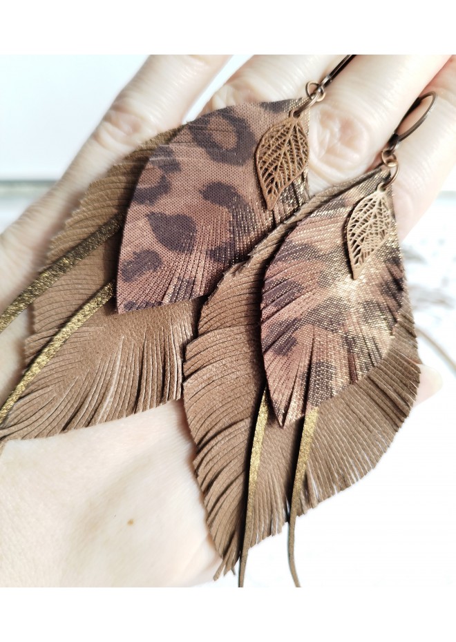 brown gold long feathers earrings genuine leather jewelry 