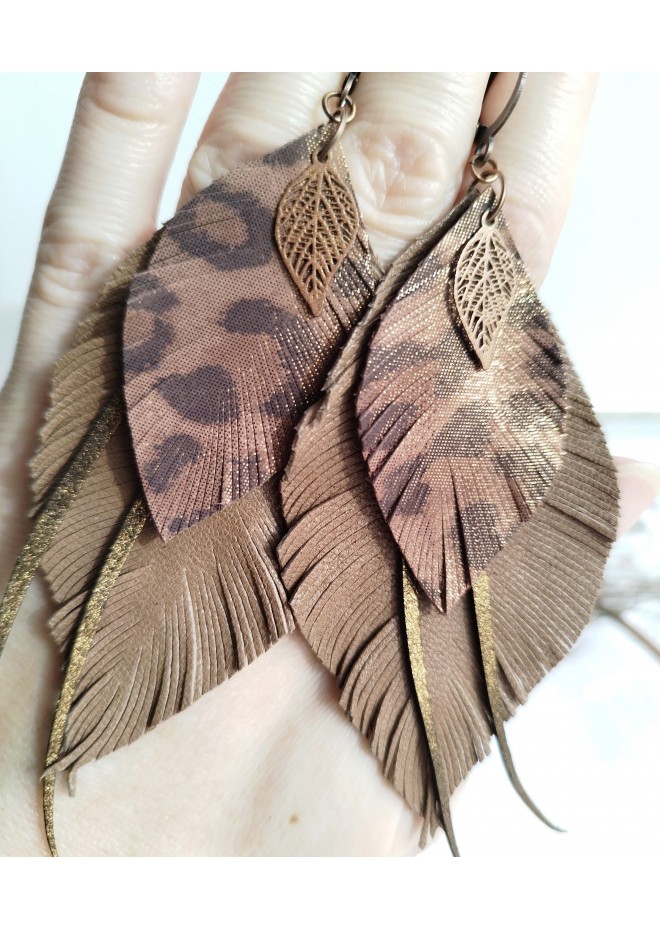 brown gold long feathers earrings genuine leather jewelry 