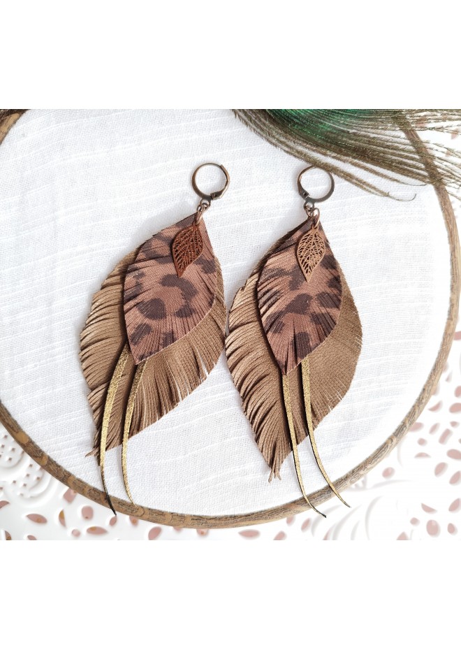 brown gold long feathers earrings genuine leather jewelry 