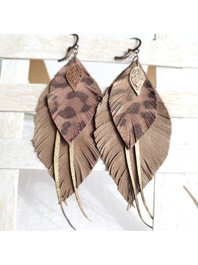Brown gold long feathers earrings genuine leather jewelry 