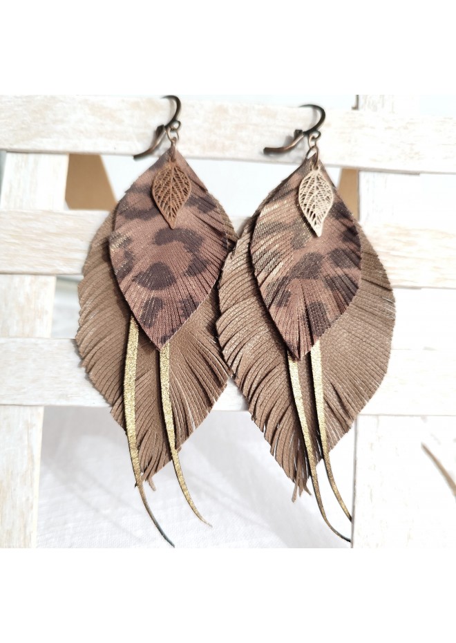 brown gold long feathers earrings genuine leather jewelry 