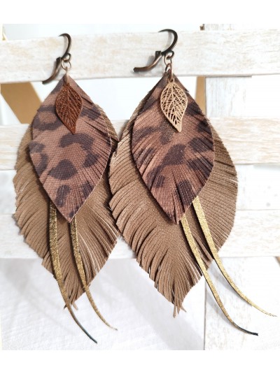 Brown gold long feathers earrings genuine leather jewelry 