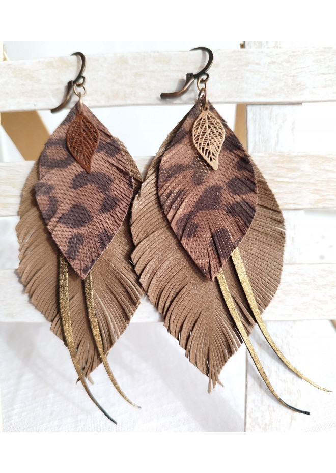 brown gold long feathers earrings genuine leather jewelry 