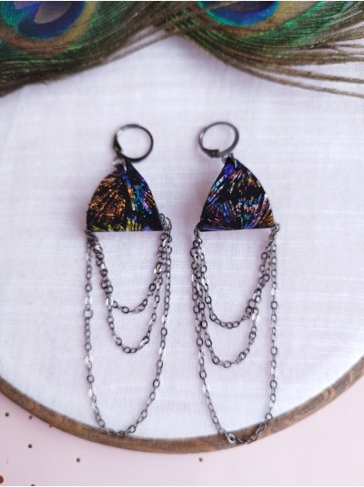 Black drop chain leather earrings genuine leather jewelry 