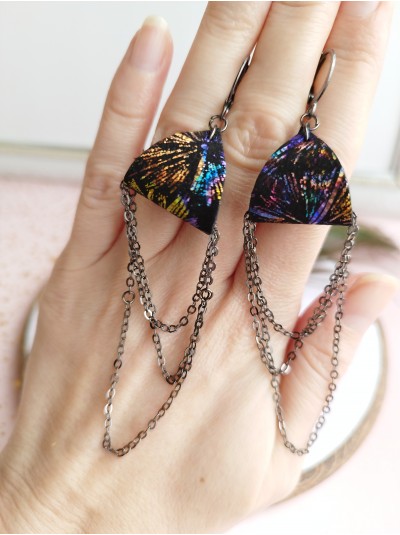 Black drop chain leather earrings genuine leather jewelry 