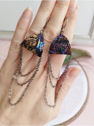 Black drop chain leather earrings genuine leather jewelry 
