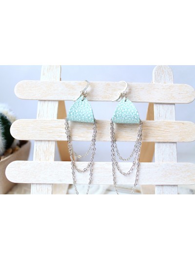 Mint  silver drop chain leather earrings genuine leather jewelry 