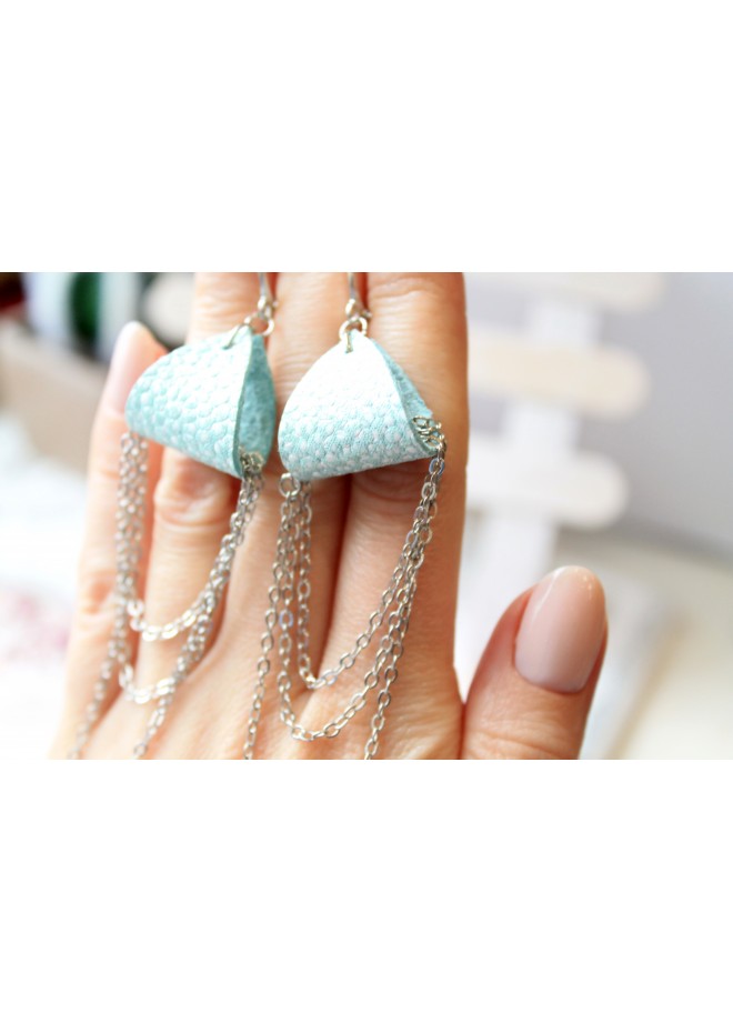 mint  silver drop chain leather earrings genuine leather jewelry 
