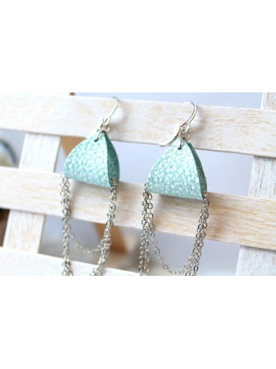 Mint  silver drop chain leather earrings genuine leather jewelry 