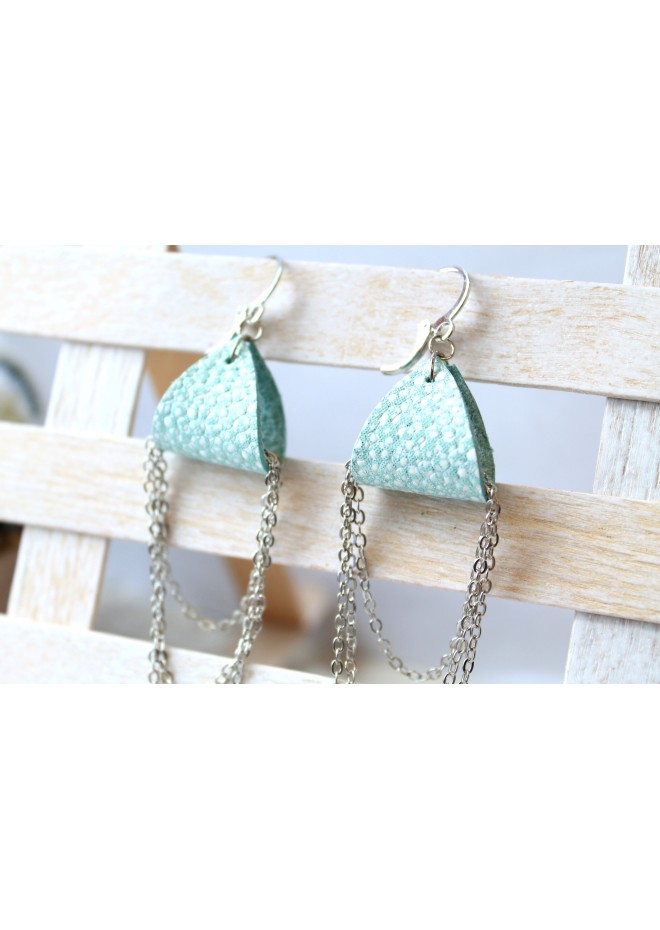 mint  silver drop chain leather earrings genuine leather jewelry 