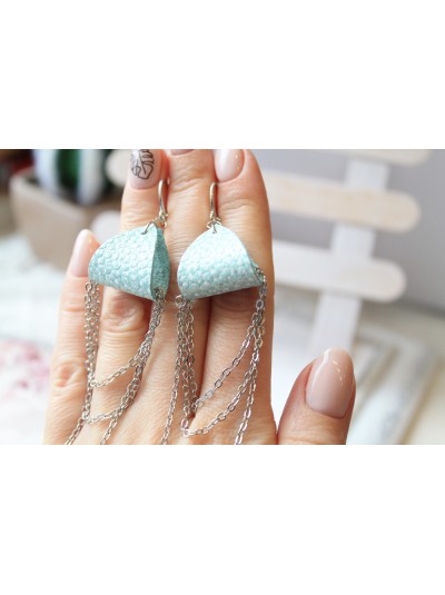Mint  silver drop chain leather earrings genuine leather jewelry 
