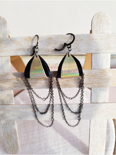 Black gold drop chain leather earrings genuine leather jewelry 