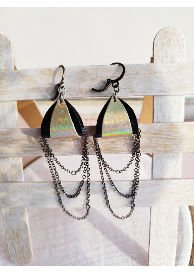 black gold drop chain leather earrings genuine leather jewelry 