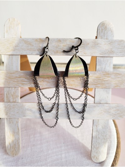 Black gold drop chain leather earrings genuine leather jewelry 