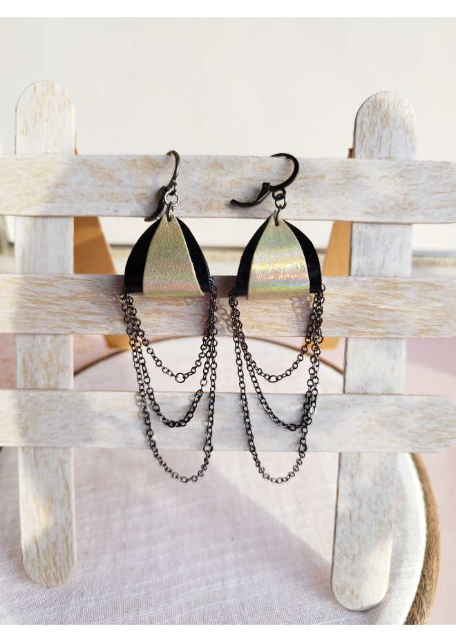 black gold drop chain leather earrings genuine leather jewelry 