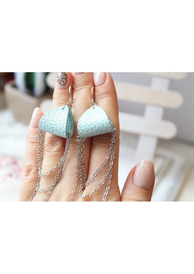 mint  silver drop chain leather earrings genuine leather jewelry 