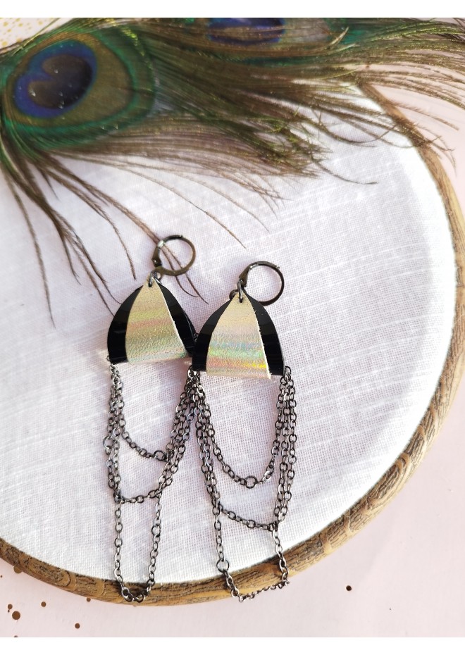 black gold drop chain leather earrings genuine leather jewelry 