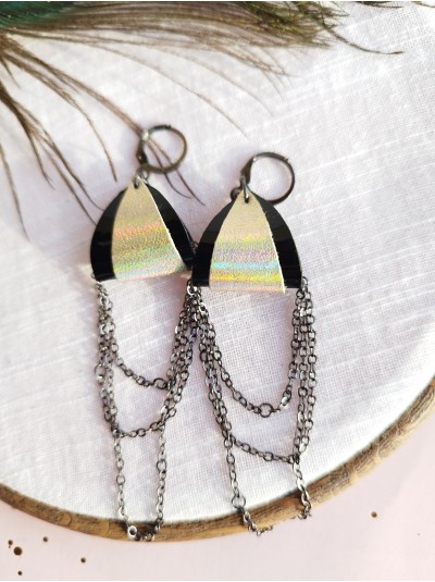 Black gold drop chain leather earrings genuine leather jewelry 