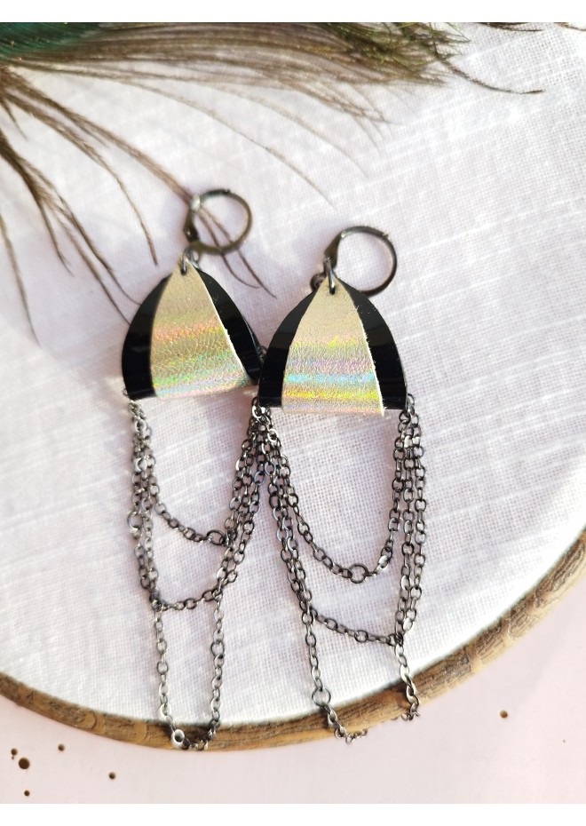 black gold drop chain leather earrings genuine leather jewelry 