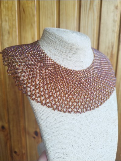 Brown gold collar beaded necklace, traditional Ukrainian beaded sylyanka