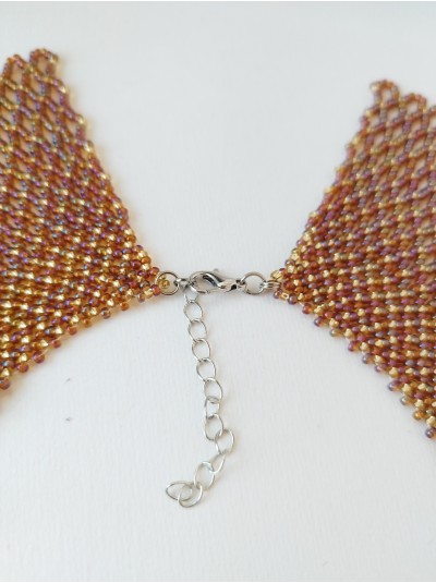 Brown gold collar beaded necklace, traditional Ukrainian beaded sylyanka