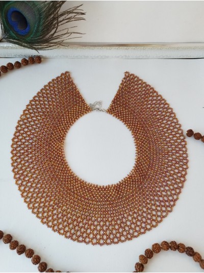 Brown gold collar beaded necklace, traditional Ukrainian beaded sylyanka