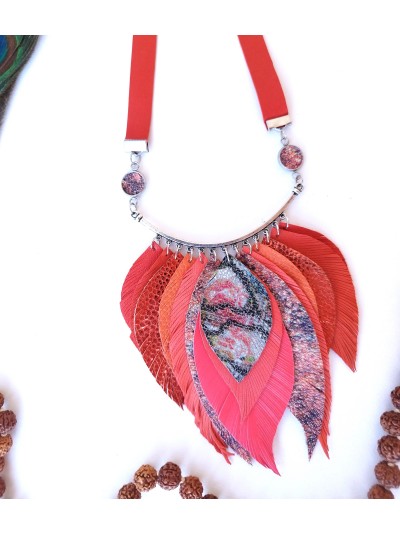 Leather feather necklace, red orange  evening jewelry. 