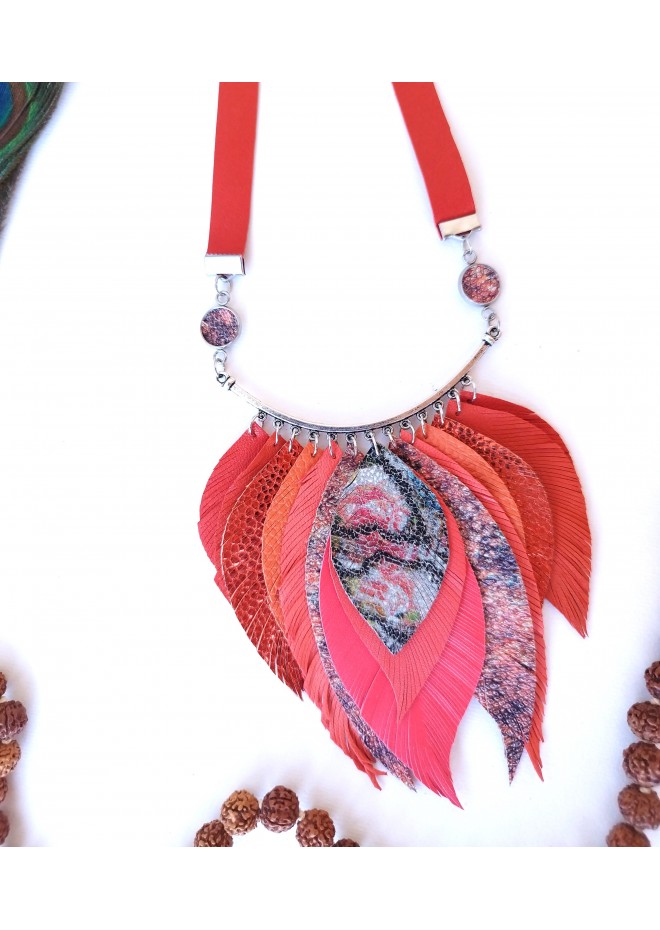 orange red  pink bib leather feather necklace