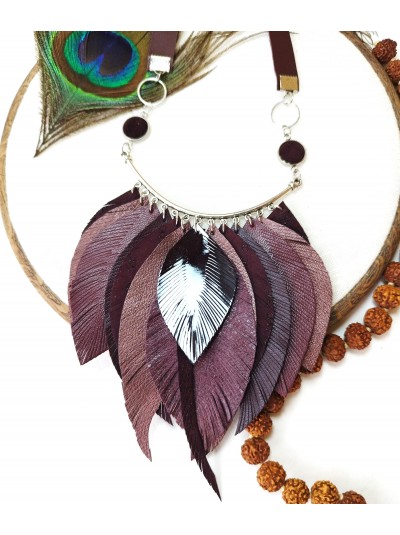 Burgundy leather feather necklace