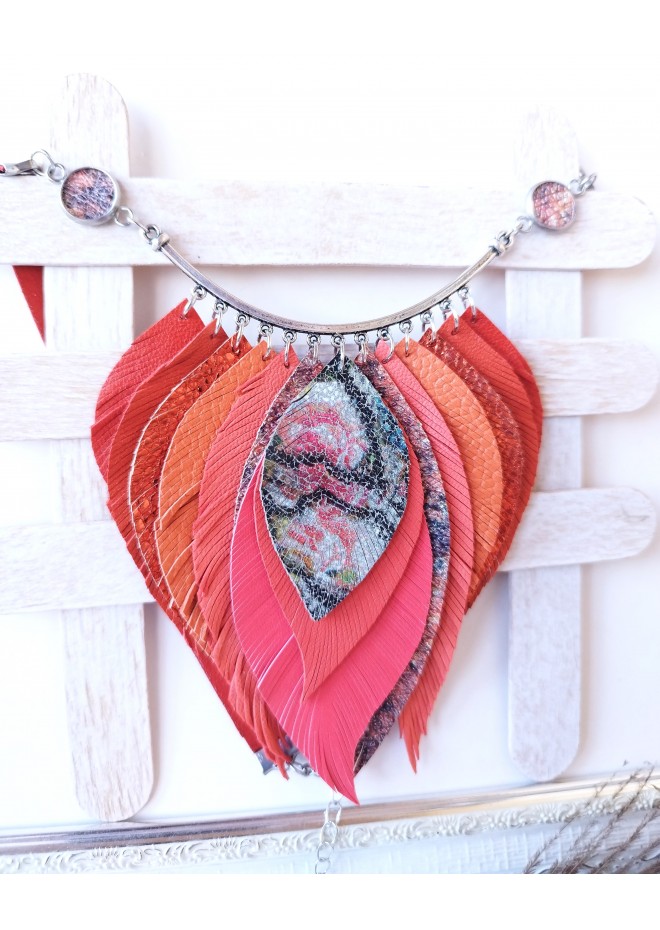 orange red  pink bib leather feather necklace