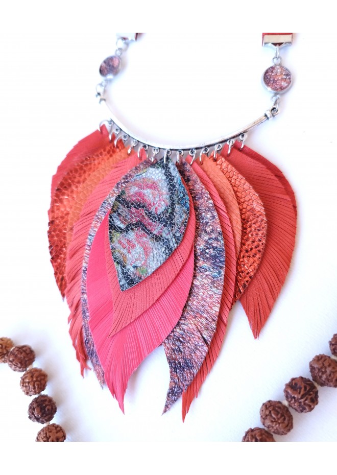 orange red  pink bib leather feather necklace