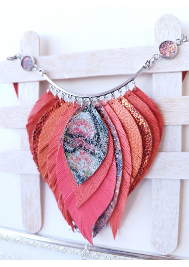 orange red  pink bib leather feather necklace