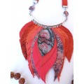 orange red  pink bib leather feather necklace
