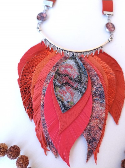 Leather feather necklace, red orange  evening jewelry. 