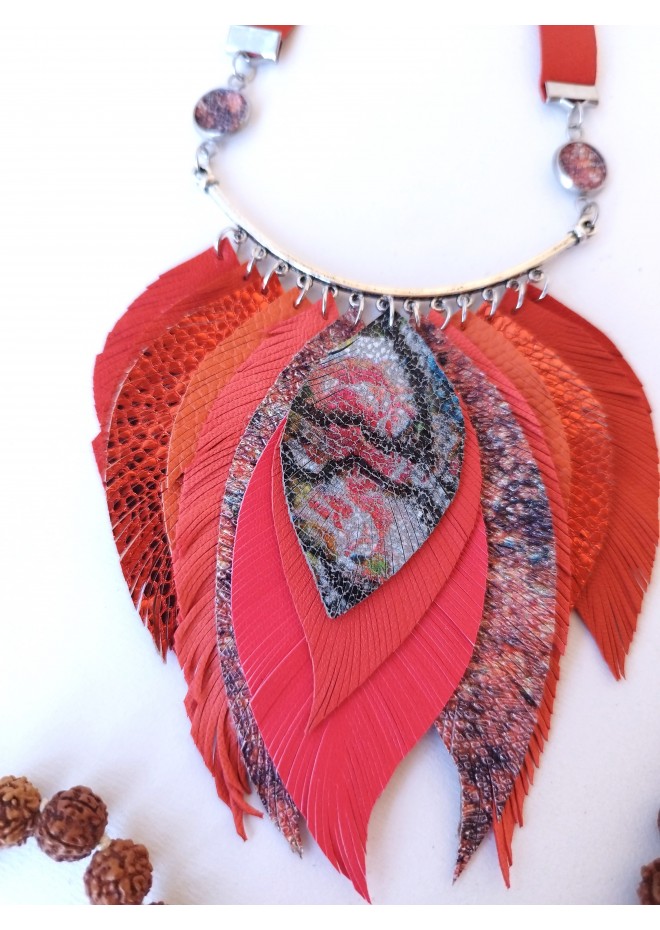 orange red  pink bib leather feather necklace