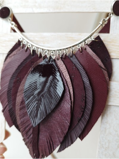 Burgundy leather feather necklace