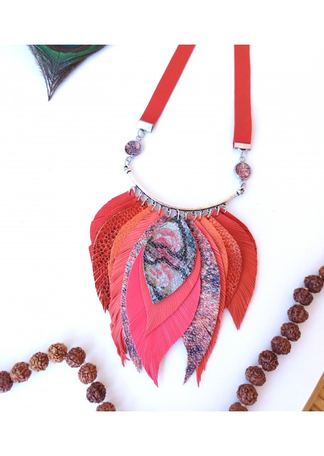 orange red  pink bib leather feather necklace