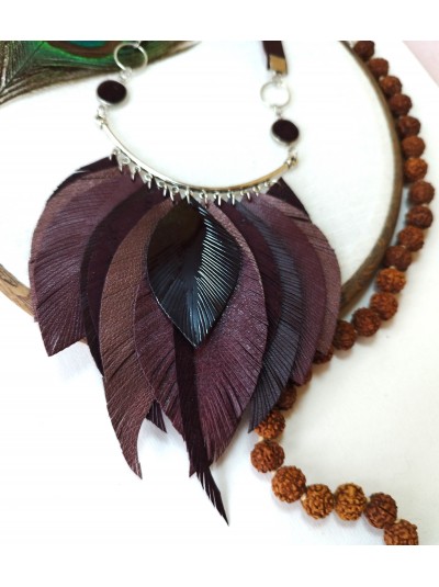 Burgundy leather feather necklace