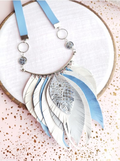 Leather feather necklace white blue evening jewelry. 