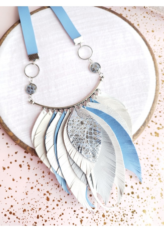 blue white bib leather feather necklace