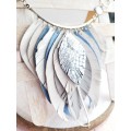 blue white bib leather feather necklace