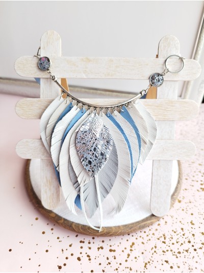 Leather feather necklace white blue evening jewelry. 
