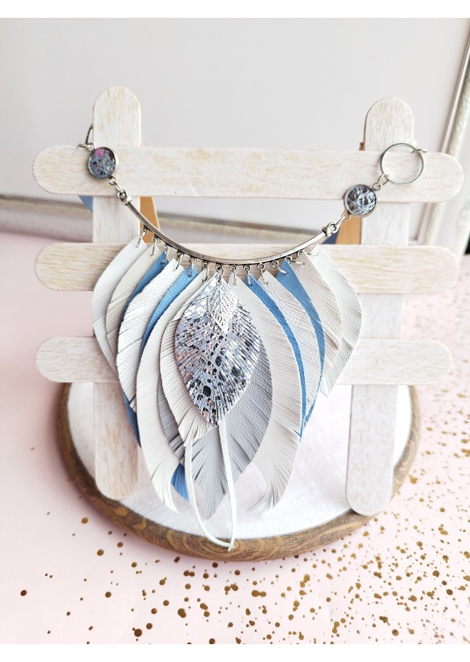 blue white bib leather feather necklace