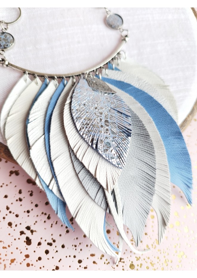 blue white bib leather feather necklace