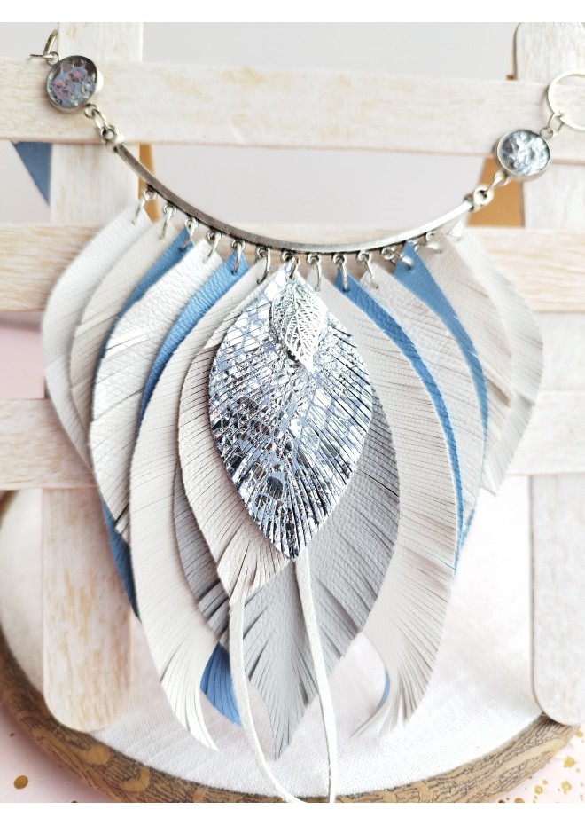 blue white bib leather feather necklace