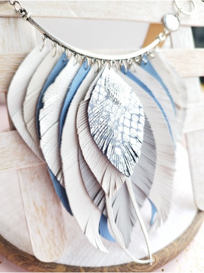 Leather feather necklace white blue evening jewelry. 