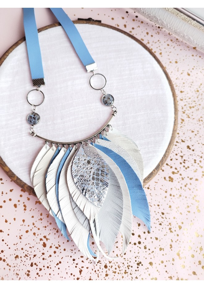 blue white bib leather feather necklace