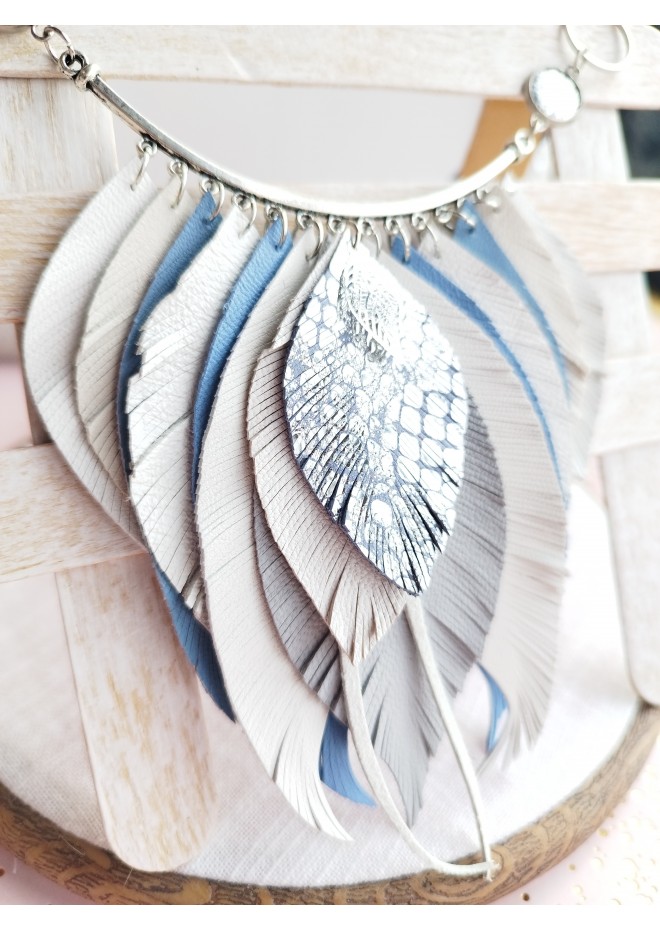 blue white bib leather feather necklace