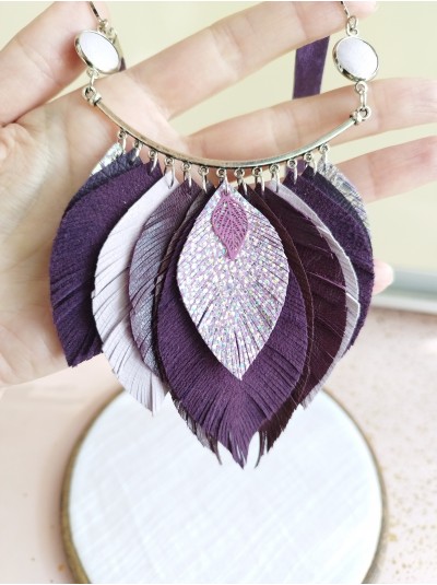 Leather feather necklace, lilac purple evening jewelry. 