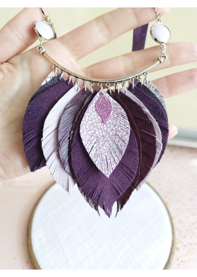 purple bib leather feather necklace
